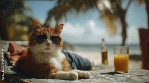 A cool orange and white cat wearing sunglasses lounges on a beach chair with a glass of orange juice and a beer bottle nearby under palm trees.