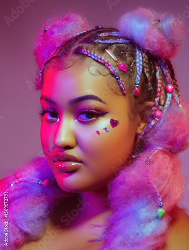 vibrant and colorful of young black fat woman with braided hair adorned with playful accessories, unique style and artistic makeup. background features blend of pink and purple hues