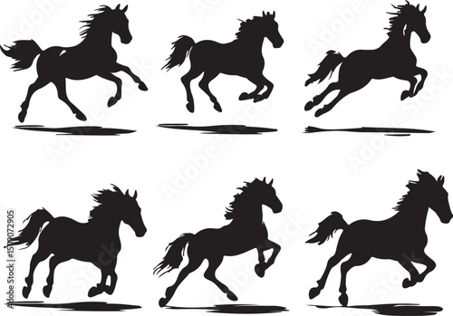 Black Horse Silhouettes: Running Stallions Vector Illustration, Equestrian Design Elements