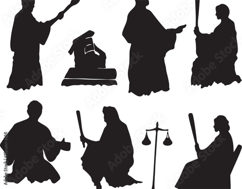 Courtroom Justice: Silhouette Vector Art of Judges, Gavel, and Scales of Justice Illustration