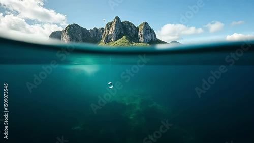 Serene Coastal Landscape with Rocky Mountains and Calm Waters Under Clear Blue Sky