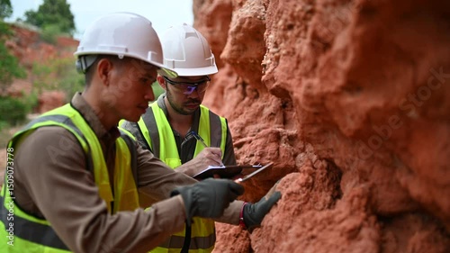 Two geologists are prospecting for minerals and collecting soil samples in a valley