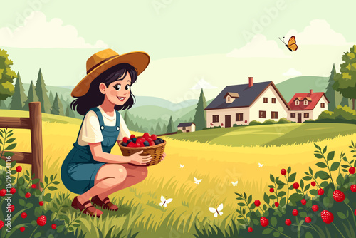 A girl picking berries in the countryside with a joyful expression on a picturesque background