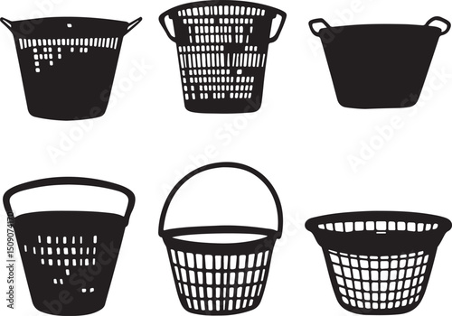 Black and White Vector Illustration of Laundry Baskets, Clothes Hampers, Home Organization Icon Set