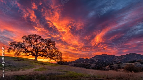 single oak tree on hilltop with fiery sunset sky, soft clouds glowing behind mountains