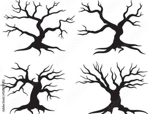 Spooky Silhouette Tree Vector Art: Halloween Graphic, Bare Branches, Creepy Dead Trees Illustration