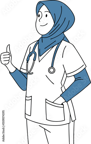 Confident Muslim Healthcare Professional in Blue Scrubs and Hijab Giving Thumbs Up
