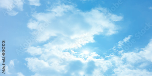 Blue soft sky clouds, light bright sunny, crystal effect background image, a storm canvas, Fresh air weather atmosphere, sunlight, landscape