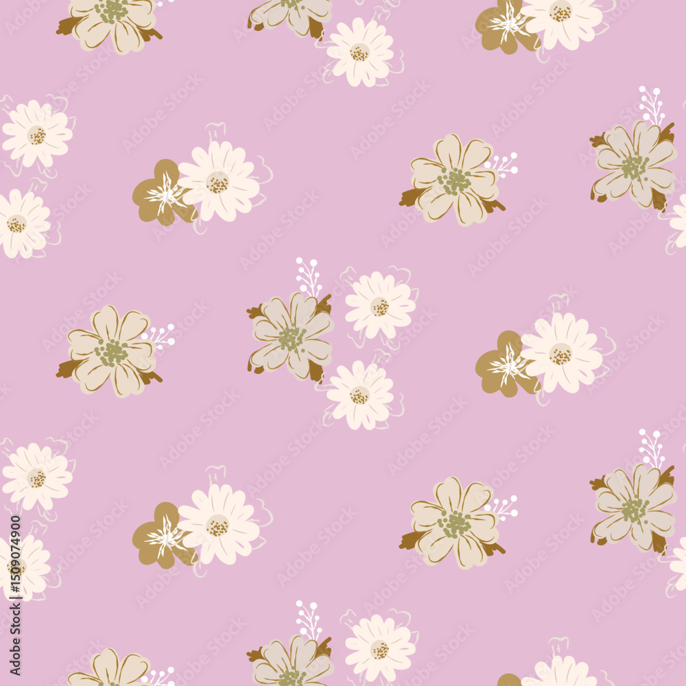Obraz premium Floral pattern background with meadow flowers. Sage green backdrop and cream daisy bunches.