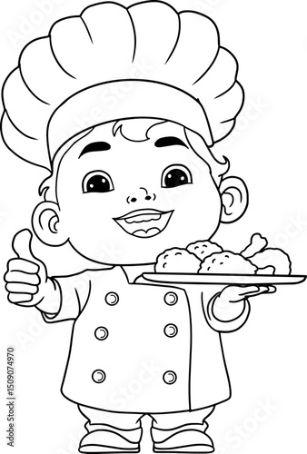  a little chef serves food line vector illustration isolated on white background