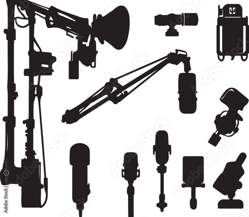 Black and White Silhouette of Studio Microphones and Lighting Equipment Vector Graphics