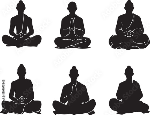 Silhouette Vector Art: Monks Meditating in Lotus Position for Spiritual Practice and Mindfulness