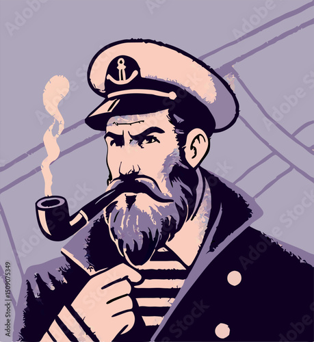 Serious Captain Smoking Pipe, Vintage Illustration
