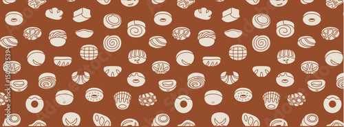 Artistic Seamless Food Pattern with Breads, Cakes, and Cookies – Hand-Sketched Vector Set for Breakfast and Dessert Themes