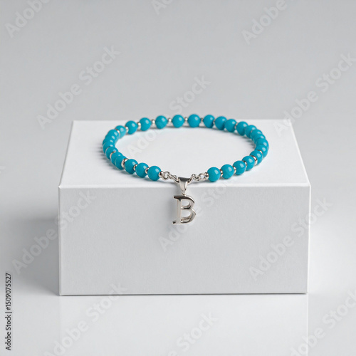 Turquoise gemstone bracelet with 925 sterling silver charm shaped as the letter B, displayed on a white jewelry box, elegant accessory in minimal product shot style