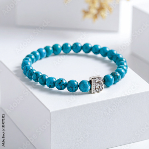 Turquoise gemstone bracelet with 925 sterling silver charm shaped as the letter B, displayed on a white jewelry box, elegant accessory in minimal product shot style