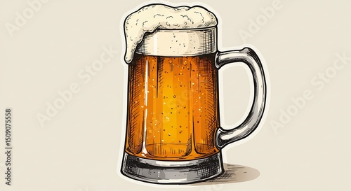 Pouring Beer Mug with Foam, Refreshment Illustration