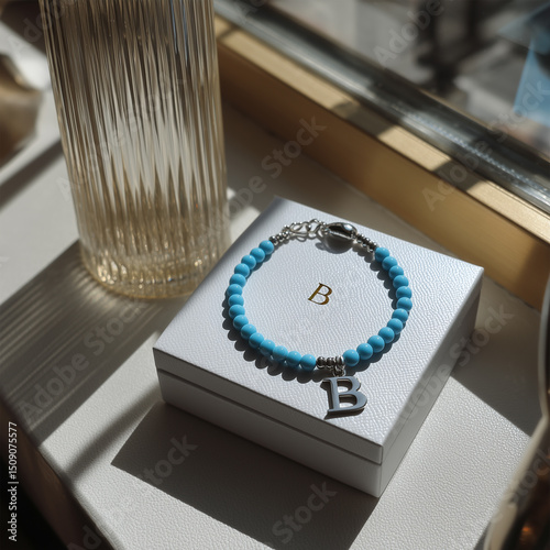 Turquoise gemstone bracelet with 925 sterling silver charm shaped as the letter B, displayed on a white jewelry box, elegant accessory in minimal product shot style