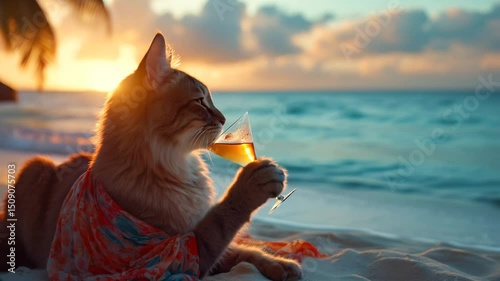 a cat on vacation, on a sandy exotic beach with a glass of refreshing cocktail in its paw. concept of enjoying leisure and vacation