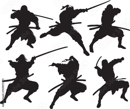 Ninja Warrior Silhouettes: Japanese Swordsmen in Action, Martial Arts Vector Graphics