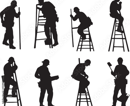 Construction Worker Silhouettes: Men on Ladders, Building Trades, Vector Graphics, Black & White Art