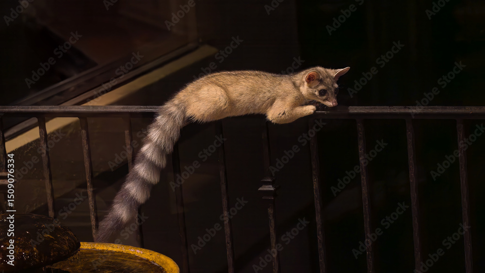 Fototapeta premium Ringtail Perched on Porch Railing
