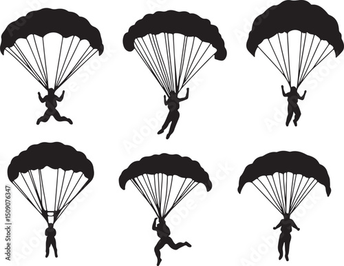 Silhouette Parachutists: Skydiving Vector Illustration of People with Parachutes in Black and White