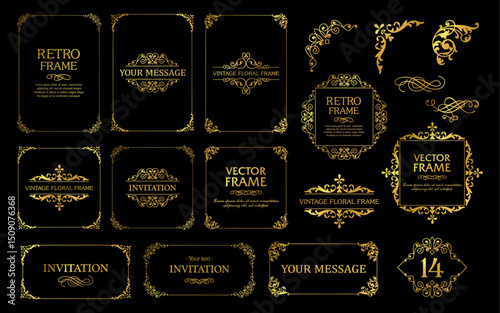 Design gold elements set, decorative flourish border corner and frame collection for invitation, menu and page decoration