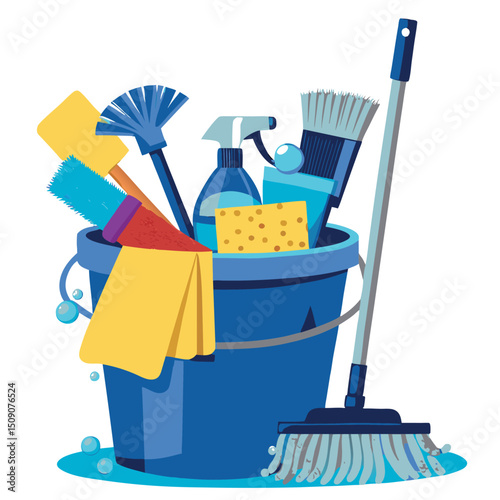 cleaning supplies in a bucket vector