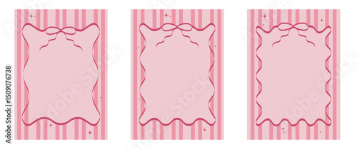 Set of drawing pink wavy elegant outline frame. Coquette pink frame ribbon lace bow, pink wavy border y2k retro set. Set of Vertical border frame card. Abstract curve whimsical border. Vector