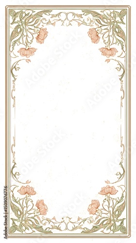 An ornate vintage frame with intricate floral designs and delicate pink flowers, perfect for invitations or announcements in a classic style.