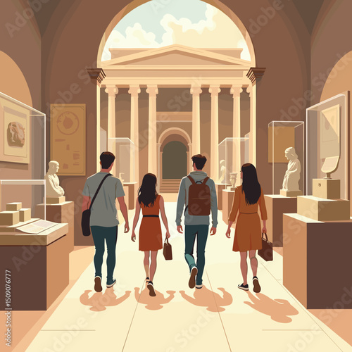 Group of friends exploring an art museum with curiosity in a historical setting