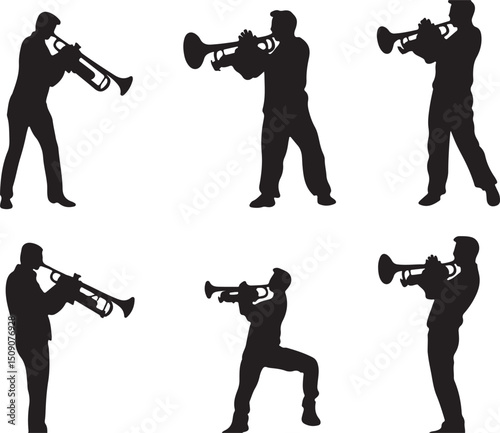 Silhouette Vector Art: Trumpet Players, Musicians Performing Jazz Music, Black Silhouettes