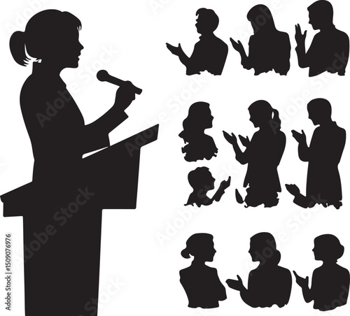 Silhouette of Woman Giving Speech at Podium with Audience Clapping Vector Illustration