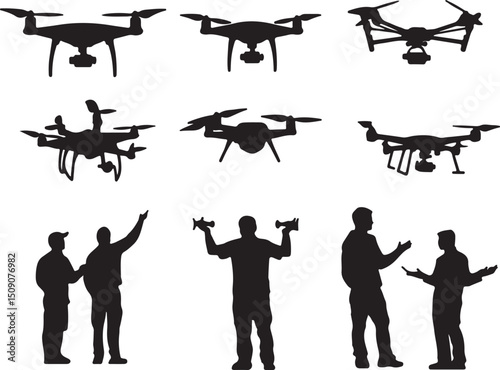 Drone Silhouettes Vector Set: UAV Quadcopter Icons, Remote Control Pilots, Aerial Photography
