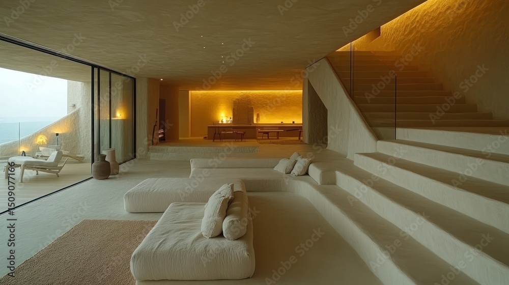 Fototapeta premium Light-filled, minimalist living space with layered seating and ocean views