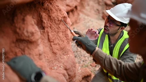 Geologists are using equipment to collect soil samples for mineral analysis