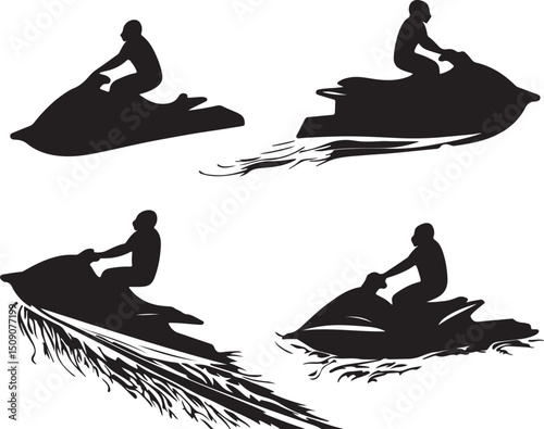 Jet Ski Silhouette Vector Set: Water Sport Recreation, Personal Watercraft Graphics, Black and White Art