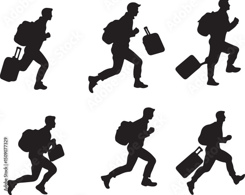 Silhouette Illustration: Man Running with Luggage, Airport Travel, Missed Flight, Hurry