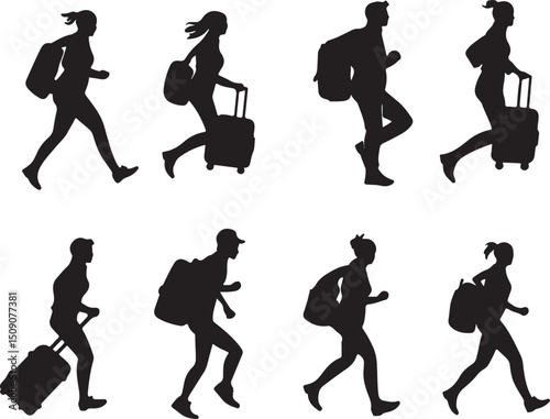 Silhouettes of People Running with Luggage: Airport Travel, Hurry, Vacation, Vector Illustration
