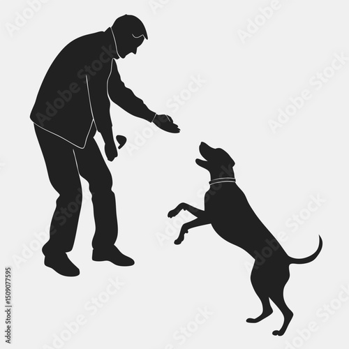 Silhouette of a man training a dog with love and care vector illustration