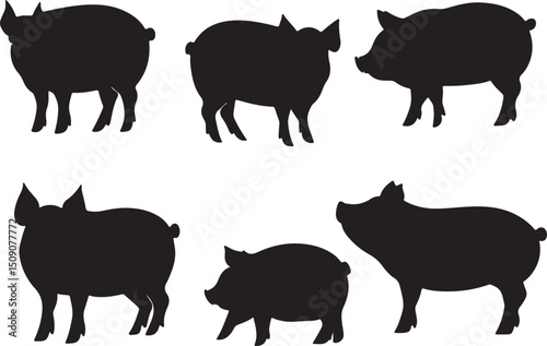 Pig Silhouettes Vector: Farm Animal Graphics, Black Piggy Outline Clipart, Livestock Illustration