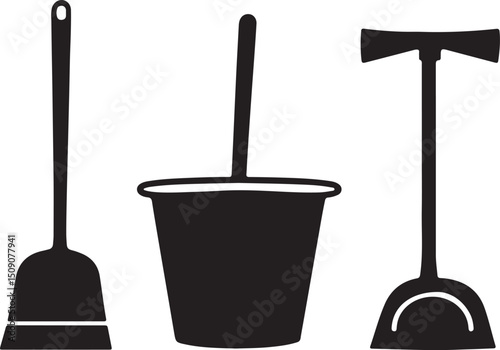 Cleaning Tools Vector: Broom, Mop Bucket, and Dustpan Icon Set for Housekeeping and Sanitation