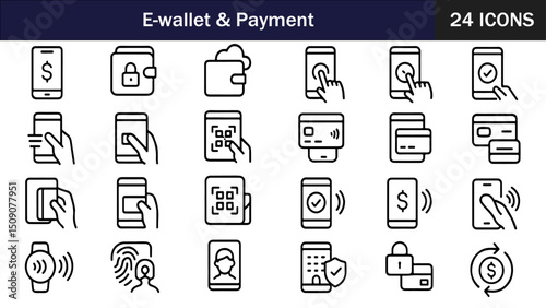 E-Wallet, Mobile Payment, and Contactless Icon Set. 24 Modern Black Line Icons Featuring QR Codes, NFC Transactions, and Digital Wallet Illustrations for Fintech, UI/UX, and App Design