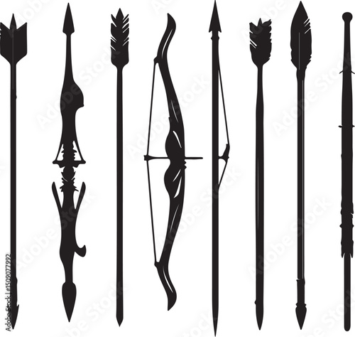 Bow & Arrows Silhouette Vector: Archery Equipment, Hunting, Medieval Weaponry, Black & White Art
