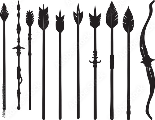 Silhouette of Bow and Arrows: Medieval Archery, Hunting Weapons, Vector Illustration