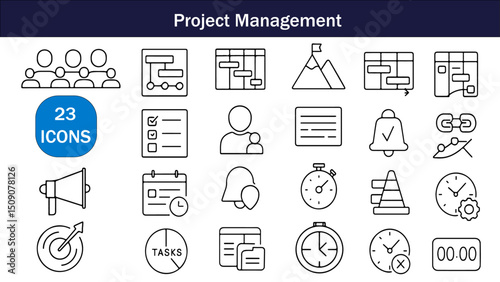 Project Management Icons Set – Gantt Charts, Task Boards, Milestones, Timelines & More in Minimalist Black Line Style for Productivity Apps, Agile Tools, and Workflow Planning