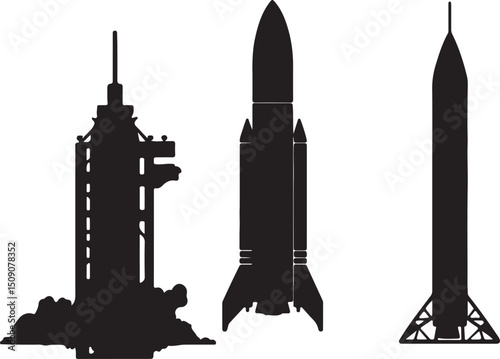 Silhouette Rocket Launch: Spacecraft, Launchpad, Rocket Designs, Vector Illustration, Space Exploration