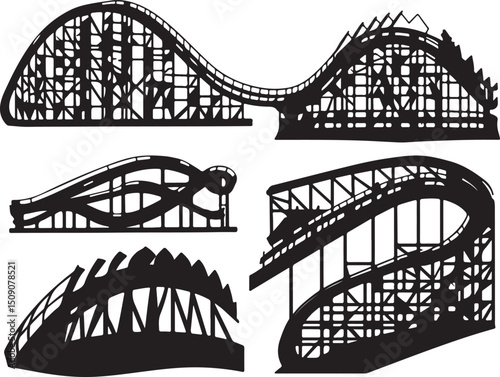 Black and White Silhouette of Wooden Roller Coaster Designs Amusement Park Thrill Ride
