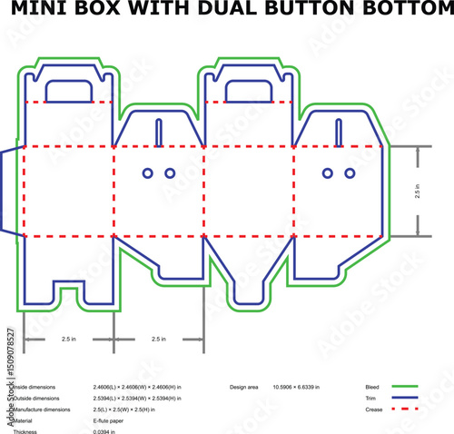 Mini box packaging template dual button bottom design